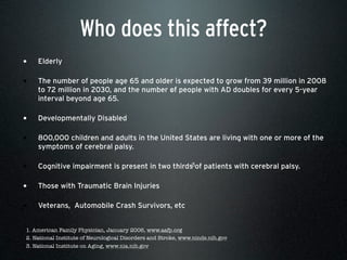 Who does this affect?
• Elderly
• The number of people age 65 and older is expected to grow from 39 million in 2008
to 72 million in 2030, and the number of people with AD doubles for every 5-year
interval beyond age 65.
• Developmentally Disabled
• 800,000 children and adults in the United States are living with one or more of the
symptoms of cerebral palsy.
• Cognitive impairment is present in two thirds of patients with cerebral palsy.
• Those with Traumatic Brain Injuries
• Veterans, Automobile Crash Survivors, etc
1. American Family Physician, January 2006, www.aafp.org
2. National Institute of Neurological Disorders and Stroke, www.ninds.nih.gov
3. National Institute on Aging, www.nia.nih.gov
1
3
 
