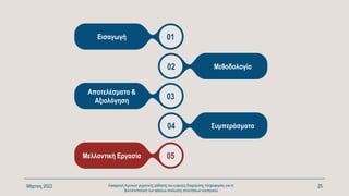 Μάρτιος 2022 Εφαρμογή τεχνικών μηχανικής μάθησης και ευφυούς διαχείρισης πληροφορίας για τη
βελτιστοποίηση των φάσεων ανάλυσης απαιτήσεων λογισμικού
25
02 Μεθοδολογία
05
Μελλοντική Εργασία
01
Εισαγωγή
04 Συμπεράσματα
03
Αποτελέσματα &
Αξιολόγηση
 