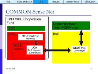 COMMON-Sense Net Jun 5, 2009 IISc CEDT  Prof. Jamadagni EPFL/SDC Cooperation Fund EPFL SDC HYDRAM  Prof. Mermoud MICS Cluster 2 Chennakeshava Trust (NGO)  S. Rao LCA  Prof. Hubaux,  J. Panchard Field State of the Art CSN Results Sensor-Tune Conclusion 