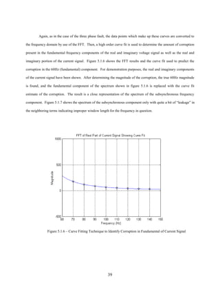 Again, as in the case of the three phase fault, the data points which make up these curves are converted to
the frequency domain by use of the FFT. Then, a high order curve fit is used to determine the amount of corruption
present in the fundamental frequency components of the real and imaginary voltage signal as well as the real and
imaginary portion of the current signal. Figure 5.1.6 shows the FFT results and the curve fit used to predict the
corruption in the 60Hz (fundamental) component. For demonstration purposes, the real and imaginary components
of the current signal have been shown. After determining the magnitude of the corruption, the true 60Hz magnitude
is found, and the fundamental component of the spectrum shown in figure 5.1.6 is replaced with the curve fit
estimate of the corruption. The result is a close representation of the spectrum of the subsynchronous frequency
component. Figure 5.1.7 shows the spectrum of the subsynchronous component only with quite a bit of “leakage” in
the neighboring terms indicating improper window length for the frequency in question.

Figure 5.1.6 – Curve Fitting Technique to Identify Corruption in Fundamental of Current Signal

39

 