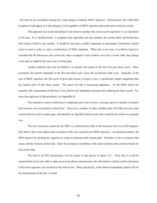 fact that we are essentially looking for a step change to indicate MOV operation. Unfortunately, the initial fault
inception would appear as a step change as well regardless of MOV operation and could cause erroneous results.
This approach was tested and indeed it was found to produce the correct result (operation vs. no operation)
in all cases. As a “double-check”, a computer relay algorithm can also compare the second, third, and fourth post
fault cycles of data to one another. It should be seen that a similar magnitude or percentage of harmonic content
exists in each in order to issue a confirmation of MOV operation. When this is not seen, it would be logical to
conclude that the harmonics seen across the entire averaged 4 cycle window were due to some other step change
event such as might be the case in an evolving fault.
Another indicator that may be helpful is to monitor the current in the first two post fault cycles. More
accurately, the current magnitude in the first post fault cycle versus the second post fault cycle. Typically, in the
case of MOV operation, the first cycle of post fault current is found to have a significantly higher magnitude than
the second cycle of post fault current. The reason for this is increasing impedance. As the MOV shorts the
capacitor, the compensation of the line is lost, and its total impedance increases thus reducing the fault current. For
more thorough tests of this procedure, see Appendix D.
This indicator is more troublesome to implement and is not as clear a warning sign for a number of reasons
and therefore was not studied in detail here. There are a number of other variables that will affect the post fault
current behavior such as spark gaps, and therefore an algorithm based on this idea would be less robust in a general
case.
The next inaccuracy caused by the MOV is a characteristic shift in the resistance seen on an RX diagram.
This shift is due to the added series resistance of the line caused by the MOV operation. As mentioned before, the
MOV protects by shorting the capacitor to create an alternate fault current path. Therefore, it has a resistance that
varies with the intensity of the fault. Since this resistance contributes to the series resistance that would normally be
seen at the relay.
The shift in the RX characteristic will be similar to that shown in figure 5.2.1. From this, it could be
surmised that if one were able to make an accurate phasor measurement, this information could be used to determine
if the series capacitor was involved in the fault or not. More specifically, if the observed impedance phasor fell on
the characteristic of the line, it would

45

 