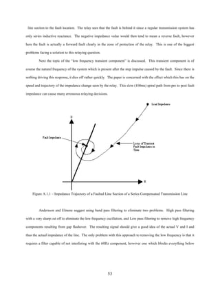 line section to the fault location. The relay sees that the fault is behind it since a regular transmission system has
only series inductive reactance. The negative impedance value would then tend to mean a reverse fault, however
here the fault is actually a forward fault clearly in the zone of protection of the relay. This is one of the biggest
problems facing a solution to this relaying question.
Next the topic of the “low frequency transient component” is discussed. This transient component is of
course the natural frequency of the system which is present after the step impulse caused by the fault. Since there is
nothing driving this response, it dies off rather quickly. The paper is concerned with the effect which this has on the
speed and trajectory of the impedance change seen by the relay. This slow (100ms) spiral path from pre to post fault
impedance can cause many erroneous relaying decisions.

Figure A.1.1 – Impedance Trajectory of a Faulted Line Section of a Series Compensated Transmission Line

Andersson and Elmore suggest using band pass filtering to eliminate two problems. High pass filtering
with a very sharp cut off to eliminate the low frequency oscillation, and Low pass filtering to remove high frequency
components resulting from gap flashover. The resulting signal should give a good idea of the actual V and I and
thus the actual impedance of the line. The only problem with this approach to removing the low frequency is that it
requires a filter capable of not interfering with the 60Hz component, however one which blocks everything below

53

 