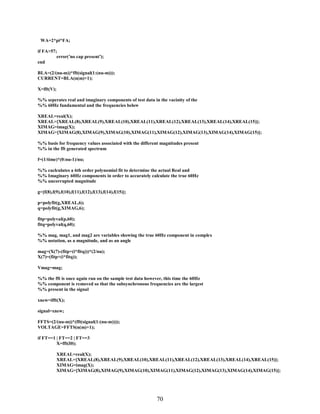 WA=2*pi*FA;
if FA>57;
error(’no cap present’);
end
BLA=(2/(nu-m))*fft(signal(1:(nu-m)));
CURRENT=BLA(n(m)+1);
X=fft(V);
%% seperates real and imaginary components of test data in the vacinity of the
%% 60Hz fundamental and the frequencies below
XREAL=real(X);
XREAL=[XREAL(8),XREAL(9),XREAL(10),XREAL(11),XREAL(12),XREAL(13),XREAL(14),XREAL(15)];
XIMAG=imag(X);
XIMAG=[XIMAG(8),XIMAG(9),XIMAG(10),XIMAG(11),XIMAG(12),XIMAG(13),XIMAG(14),XIMAG(15)];
%% basis for frequency values associated with the different magnitudes present
%% in the fft generated spectrum
f=(1/time)*(0:nu-1)/nu;
%% caclculates a 6th order polynomial fit to determine the actual Real and
%% Imaginary 60Hz components in order to accurately calculate the true 60Hz
%% uncorrupted magnitude
g=[f(8),f(9),f(10),f(11),f(12),f(13),f(14),f(15)];
p=polyfit(g,XREAL,6);
q=polyfit(g,XIMAG,6);
fitp=polyval(p,60);
fitq=polyval(q,60);
%% mag, mag1, and mag2 are variables showing the true 60Hz component in complex
%% notation, as a magnitude, and as an angle
mag=(X(7)-(fitp+(i*fitq)))*(2/nu);
X(7)=(fitp+(i*fitq));
Vmag=mag;
%% the fft is once again run on the sample test data however, this time the 60Hz
%% component is removed so that the subsynchronous frequencies are the largest
%% present in the signal
xnew=ifft(X);
signal=xnew;
FFTS=(2/(nu-m))*(fft(signal(1:(nu-m))));
VOLTAGE=FFTS(n(m)+1);
if FT==1 | FT==2 | FT==3
X=fft(I0);
XREAL=real(X);
XREAL=[XREAL(8),XREAL(9),XREAL(10),XREAL(11),XREAL(12),XREAL(13),XREAL(14),XREAL(15)];
XIMAG=imag(X);
XIMAG=[XIMAG(8),XIMAG(9),XIMAG(10),XIMAG(11),XIMAG(12),XIMAG(13),XIMAG(14),XIMAG(15)];

70

 
