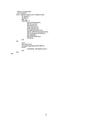 ’Phase to Ground Fault’
tol=.9*abs(ZC1);
if (Xc<=(abs(ZC1)+tol)) & (Xc>=(abs(ZC1)-tol))
Xc=abs(ZC1)
Xl=XB+Xc;
diffy=10;
while diffy>.2
percent=Xl/(imag(Z1));
Z1P=Z1*percent;
Z0P=Z0*percent;
Z1SP=Z1S*percent;
Z0SP=Z0S*percent;
M=(Z0P-Z1P)/(Z1P+ZC1);
MSUB=(Z0SP-Z1SP)/(Z1SP+ZC1S);
XB=Vmag/(Imag+M*GNDCU);
XB=imag(XB);
diffy=abs(Xl-(XB+Xc));
Xl=XB+Xc
end
else
Xc=0
MM=(Z0-Z1)/Z1;
Xl=imag(Vmag/(Imag+MM*GNDCU))
if Xl<0
’WARNING: REVERSE FAULT’
end
end
end

72

 
