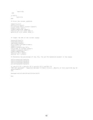 testI=Ib;
end
if FT==3
testI=Ic;
end
%% Print the current waveform
subplot(1,2,1)
plot(x(:,1),testI)
title(’Time Domain Current Signal’)
xlabel(’Time (sec)’)
ylabel(’Magnitude (Amps)’)
%axis([0.05 0.14 -5500 5500 ])
axis([0.05 0.14 -20000 20000 ])

%% Comput the FFT of the current signal
testp=fft(testI);
testp=abs(testp);
num=length(testp);
f=(1/(time)*((0:num-1)/num));
subplot(1,2,2)
stem(f,(testp*2/nu),’k’);
title(’FFT of current signal’)
xlabel(’Frequency (Hz)’)
ylabel(’Magnitude’)
%axis([0 550 0 4000])
axis([0 550 0 20000])
%% Determine the percentage of 3rd, 5th, 7th and 9th harmonics present in the signal
ratio1=testp(16)/testp(6)
ratio2=testp(26)/testp(6)
ratio3=testp(36)/testp(6)
ratio4=testp(46)/testp(6)
if ratio1>=.05 & ratio2>=.05 & ratio3>=.05 & ratio4>=.05
’MOV has operated!! Capacitor was part of fault circuit...Results of this algorithm may be
questionable!!’
end
Average=(ratio1+ratio2+ratio3+ratio4)/4
End

82

 