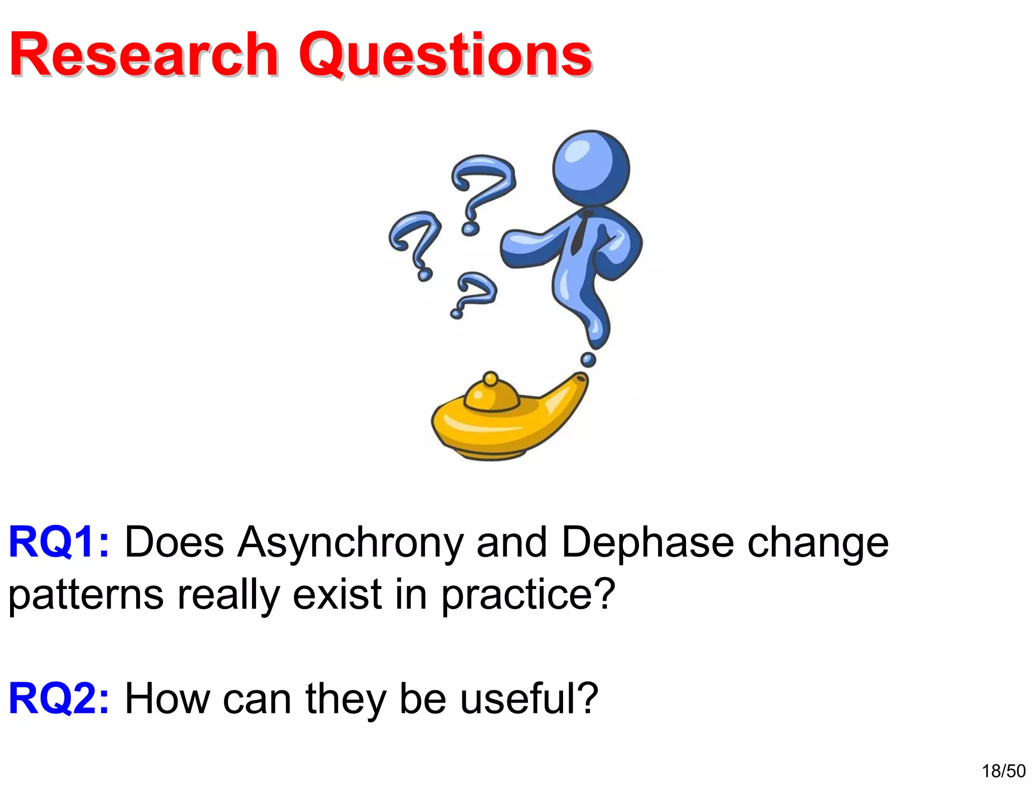 18/50
Research QuestionsResearch Questions
RQ1: Does Asynchrony and Dephase change
patterns really exist in practice?
RQ2: How can they be useful?
 