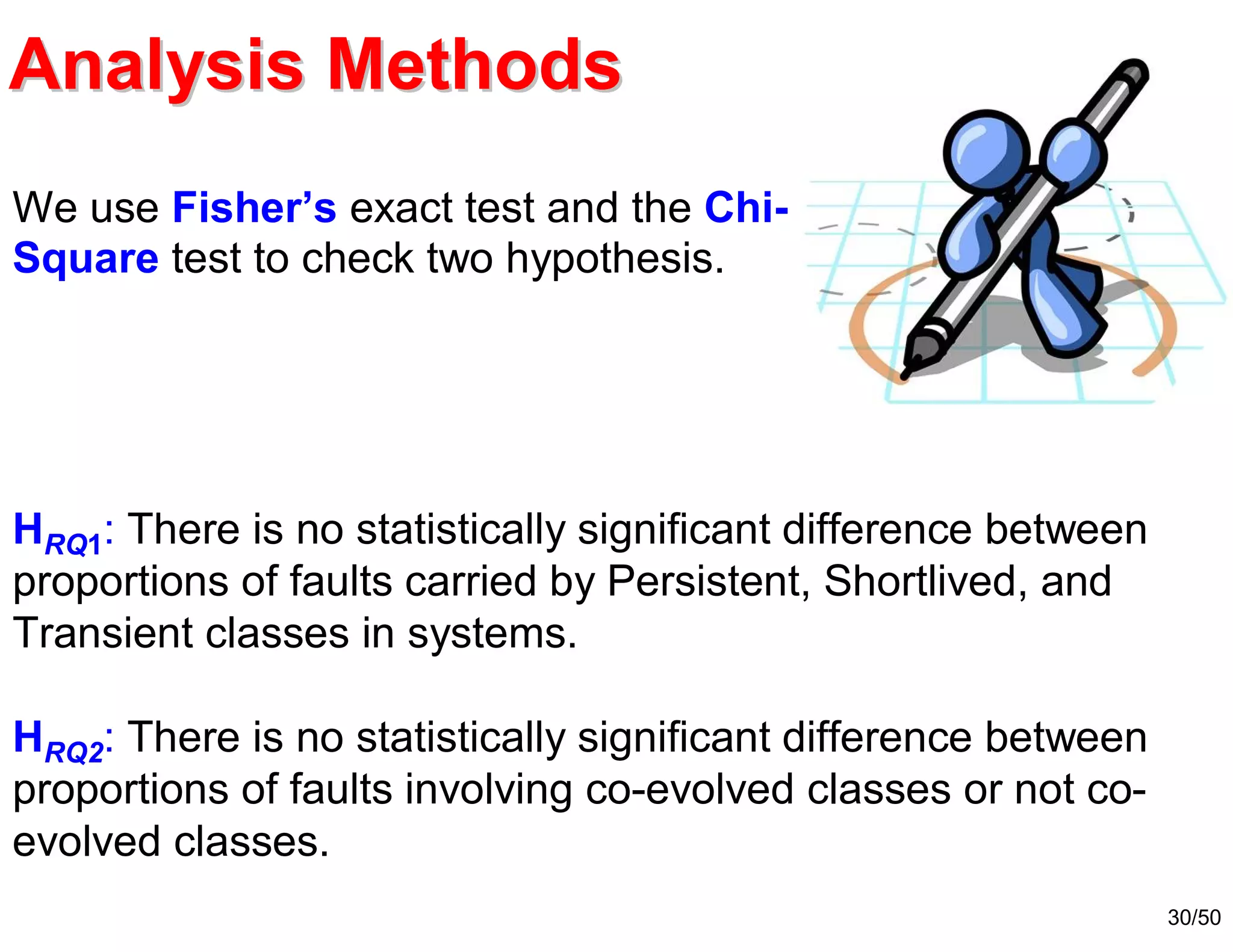 30/50
HRQ2: There is no statistically significant difference between
proportions of faults involving co-evolved classes or not co-
evolved classes.
HRQ1: There is no statistically significant difference between
proportions of faults carried by Persistent, Shortlived, and
Transient classes in systems.
We use Fisher’s exact test and the Chi-
Square test to check two hypothesis.
Analysis MethodsAnalysis Methods
 