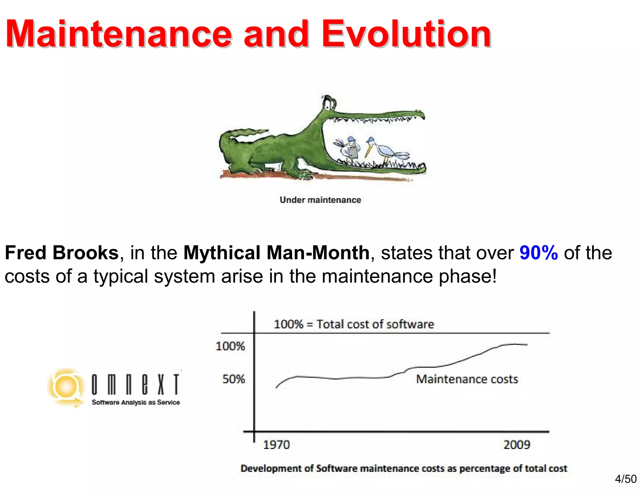 4/50
Maintenance and EvolutionMaintenance and Evolution
Fred Brooks, in the Mythical Man-Month, states that over 90% of the
costs of a typical system arise in the maintenance phase!
 
