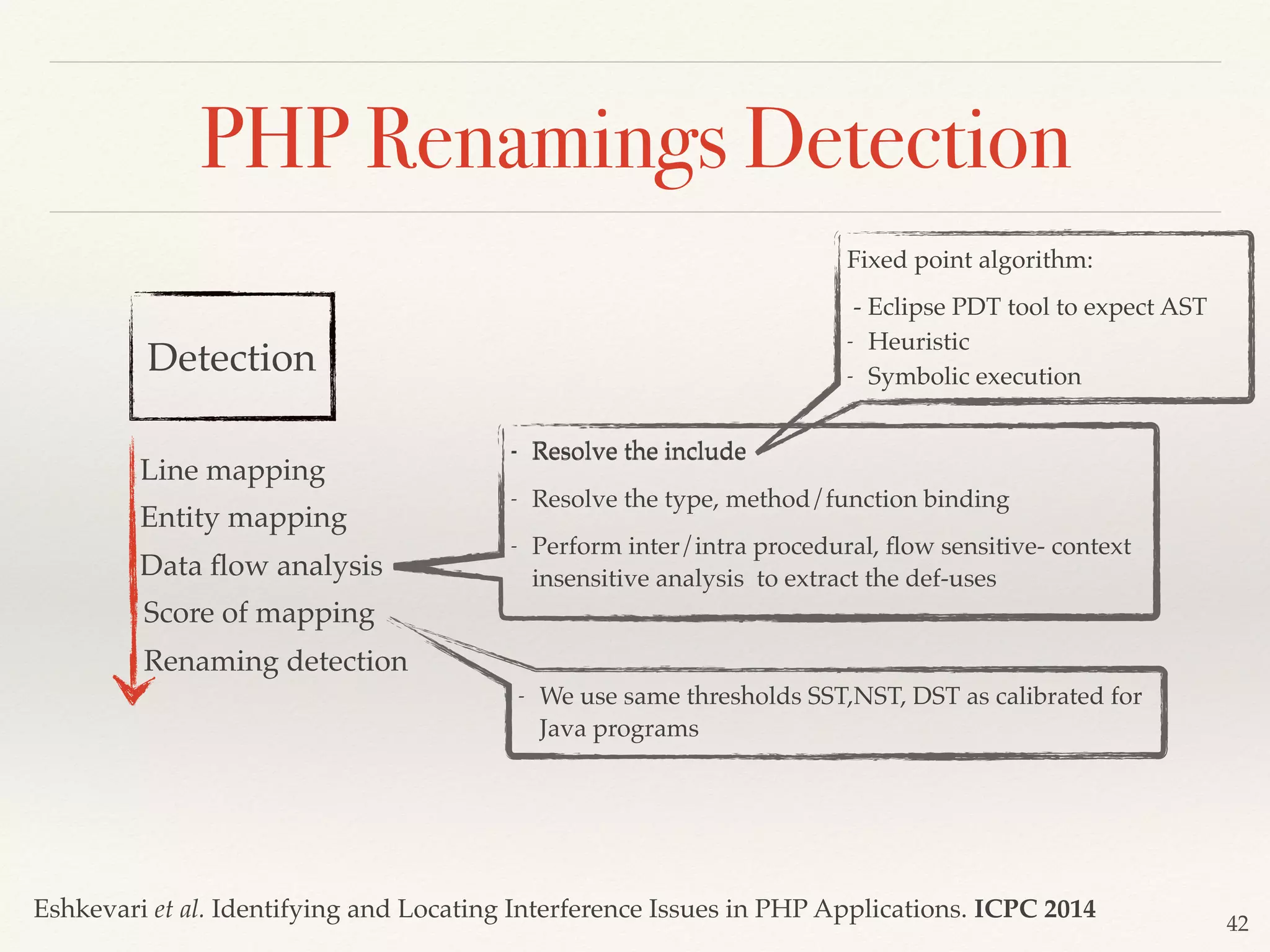 42
PHP Renamings Detection
Detection
Line mapping
Entity mapping
Data ﬂow analysis
Score of mapping
Renaming detection
- Resolve the include
- We use same thresholds SST,NST, DST as calibrated for
Java programs
Fixed point algorithm:
- Eclipse PDT tool to expect AST
- Heuristic
- Symbolic execution
Eshkevari et al. Identifying and Locating Interference Issues in PHP Applications. ICPC 2014
- Resolve the include
- Resolve the type, method/function binding
- Perform inter/intra procedural, ﬂow sensitive- context
insensitive analysis to extract the def-uses
 
