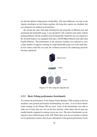 not that the default conﬁgurations would differ. The main difference was that on the
Apache installation on the Fedora machine, the keep alive option was disabled, this
was changed to be enabled on all machines.
    By running the same static page fetching test, but using ﬁles of different sizes and
monitoring the bandwidth usage, it was decided if a ﬁle could be used safely without
getting problems with the available network bandwidth. Small ﬁle size was required as
the Versatile Express was equipped with only a 10/100 Mbps Ethernet card rather than
Gigabit Ethernet. The performance of the reference machine was expected to serve
a large number of requests resulting in a high bandwidth usage even with small ﬁles.
In tests where small ﬁles are used, the overhead caused by the underlying protocols
becomes signiﬁcant.




                        Figure 3.5: Test setup for Apache test



3.3.2    Basic Erlang performance benchmarks
To evaluate the performance of the Erlang Virtual Machine (VM) running on the test
machines some general performance benchmarking was done. A set of micro bench-
marks running on the Erlang VM was used. Some of the benchmarks were able to
make use of more than one core on the host machine, while others did not gain any
notable beneﬁt compared to running on just one core. The micro benchmarks are de-
signed to stress different parts of the VM. While these tests do not emulate a realistic
service producing scenario, they do give information of the general performance levels

                                          28
 
