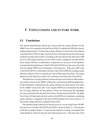 5 C ONCLUSIONS AND FUTURE WORK


5.1 Conclusions
The Apache benchmarking showed up to eleven times the energy efﬁciency for the
ARM Cortex-A9 compared to the Intel Xeon E5430. In addition the SIP-Proxy bench-
marking indicated up to 3.5 times better energy efﬁciency for the Cortex-A9 compared
to the Intel Xeon L5430. In other words the Cortex-A9 needed 28 percent of the energy
needed by the Intel Xeon L5430. According to the data sheet for the Intel Xeon 5400
series [13] the energy efﬁciency for the L5430 is better compared to the Intel E5430.
Exact energy efﬁciency or performance comparisons are not given in the datasheet.
Assuming that the performance of the L5430 and the E5430 were the same, the results
from the Apache HTTP server benchmark is still impressive. If the given TDP value
of the E5430 (80 W) is substituted with that of the L5430 (50W) the resulting energy
efﬁciency improves from 413 requests per Joule to 660 requests per Joule. The energy
efﬁciency for the Dual Core Cortex-A9 is still about seven times that of the E5430.
    The differences in energy efﬁciency between the processors based on X86 architec-
ture and those based on the ARMv7 architecture varies between different applications.
In the benchmarks conducted here the energy efﬁciency has been proven to be better
for the ARMv7 than for the x86. In the Apache HTTP server benchmark the differ-
ence in energy efﬁciency was the greatest, at best over eleven times the throughput
for every used Joule from the Dual Core Cortex-A9 than the Xeon E5430. The Quad
Core Cortex-A9 had clearly the best results in the SIP-Proxy benchmark, considering
energy efﬁciency. Compared to the Xeon L5430 the Quad Core Cortex-A9 has a 3.5
times better energy efﬁciency compared to the L5430.
    The potential energy reduction for the processors in a server using Cortex-A9 MP-
Core processors instead of the E5430 and L5430 is shown in Figure 5.1. The top parts
of the bars in graph in Figure 5.1 represents the reduction in energy consumption that
would ideally be achieved using the more efﬁcient processors. The lower part of the

                                         48
 
