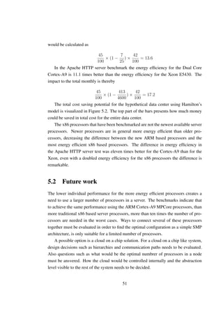would be calculated as

                             45        7      42
                                 × (1 − ) ×       = 13.6
                            100        25    100
   In the Apache HTTP server benchmark the energy efﬁciency for the Dual Core
Cortex-A9 is 11.1 times better than the energy efﬁciency for the Xeon E5430. The
impact to the total monthly is thereby

                            45            413       42
                                × (1 −         )×        = 17.2
                           100           4600      100
    The total cost saving potential for the hypothetical data center using Hamilton’s
model is visualized in Figure 5.2. The top part of the bars presents how much money
could be saved in total cost for the entire data center.
    The x86 processors that have been benchmarked are not the newest available server
processors. Newer processors are in general more energy efﬁcient than older pro-
cessors, decreasing the difference between the new ARM based processors and the
most energy efﬁcient x86 based processors. The difference in energy efﬁciency in
the Apache HTTP server test was eleven times better for the Cortex-A9 than for the
Xeon, even with a doubled energy efﬁciency for the x86 processors the difference is
remarkable.


5.2 Future work
The lower individual performance for the more energy efﬁcient processors creates a
need to use a larger number of processors in a server. The benchmarks indicate that
to achieve the same performance using the ARM Cortex-A9 MPCore processors, than
more traditional x86 based server processors, more than ten times the number of pro-
cessors are needed in the worst cases. Ways to connect several of these processors
together must be evaluated in order to ﬁnd the optimal conﬁguration as a simple SMP
architecture, is only suitable for a limited number of processors.
    A possible option is a cloud on a chip solution. For a cloud on a chip like system,
design decisions such as hierarchies and communication paths needs to be evaluated.
Also questions such as what would be the optimal numbrer of processors in a node
must be ansvered. How the cloud would be controlled internally and the abstraction
level visible to the rest of the system needs to be decided.


                                          51
 