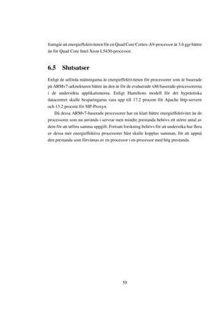 framgår att energieffektiviteten för en Quad Core Cortex-A9-processor är 3.6 ggr bättre
än för Quad Core Intel Xeon L5430-processor.


6.5 Slutsatser
Enligt de utförda mätningarna är energieffektiviteten för processorer som är baserade
på ARMv7-arkitekturen bättre än den är för de evaluerade x86 baserade-processorerna
i de undersökta applikationerna. Enligt Hamiltons modell för det hypotetiska
datacentret skulle besparingarna vara upp till 17.2 procent för Apache http-servern
och 13.2 procent för SIP-Proxyn.
    Då dessa ARMv7-baserade processorer har en klart bättre energieffektivitet än de
processorer som nu används i servrar men mindre prestanda behövs ett större antal av
dem för att utföra samma uppgift. Fortsatt forskning behövs för att undersöka hur ﬂera
av dessa mer energieffektiva processorer bäst skulle kopplas samman, för att uppnå
den prestanda som förväntas av en processor i en processor med hög prestanda.




                                          59
 