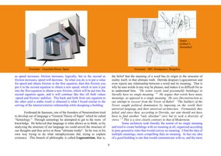 Hadid -
                                                                                                                                         Zollhof 3,
                                                                                                                                         Dusseldorf




           Eisenman – Guardiola House, Spain                                                         Eisenman – BFL Headquaters, Bangalore

as speed increases, friction increases, logically; but in the second as            the belief that the meaning of a word has its origin in the strucutre of
friction increases, speed will decrease. So what you do is to put a value          reality itself, in that ultimate truth. Derrida despises Logocentrism and
for speed and obtain friction in the first equation, then this friction you        even rejects any relationship between a word and its meaning. That is
put it in the second equation to obtain a new speed, which in turn is put          why he uses words in any way he pleases, and makes it so difficult for us
into the first equation to obtain a new friction, which will be put into the       to understand him. “He wants words (and presumably buildings) to
second equation again; and it will continue like this till both values             literally have no single meaning. ”4 He argues that words have many
-speed and friction- stabilize. This back and forth from one equation to           meanings, as opposed to a single meaning. He sees Deconstruction as
the other until a stable result is obtained is what I found similar to the         our attempt to recover from the Tower of Babel! “The builders of the
solving of the interior/exterior relationship while designing a building.          Tower sought political domination by imposing on the world their
                                                                                   universal language and their universal architecture. Fortunately they
       Ferdinand de Saussure, one of the founders of Structuralism tried           failed, and since then, according to Derrida, our aim should not have
to develop out of language a “General Theory of Signs” which he called             been to find another "only absolute" view but to seek a diversity of
“Semiology.” Through semiology he attempted to get to the roots of                 views.” 5 This is a view clearly contrary to that of Modernism.
knowledge. He believed that language is what allows us to think, so by                      Some architects took literally the notion of no single meaning
analyzing the structure of our language we could unveil the structure of           and tried to create buildings with no meaning at all, organized according
our thoughts and thus arrive at those "ultimate truths". So he was in his          to pure geometric rules that would convey no meaning. I find the idea of
own way trying to do what metaphysicians did, trying to explain                    multiple meanings, more compelling than no meaning. In fact my idea
existence. This branch of philosophy is called Logocentrism, that is,              of a good building is one that would communicate with us, and the more

                                                                               9
 
