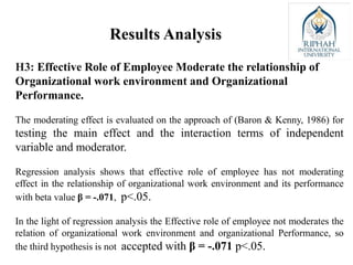 H3: Effective Role of Employee Moderate the relationship of
Organizational work environment and Organizational
Performance.
The moderating effect is evaluated on the approach of (Baron & Kenny, 1986) for
testing the main effect and the interaction terms of independent
variable and moderator.
Regression analysis shows that effective role of employee has not moderating
effect in the relationship of organizational work environment and its performance
with beta value β = -.071, p<.05.
In the light of regression analysis the Effective role of employee not moderates the
relation of organizational work environment and organizational Performance, so
the third hypothesis is not accepted with β = -.071 p<.05.
Results Analysis
 