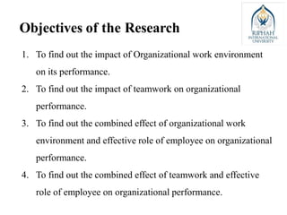 Objectives of the Research
1. To find out the impact of Organizational work environment
on its performance.
2. To find out the impact of teamwork on organizational
performance.
3. To find out the combined effect of organizational work
environment and effective role of employee on organizational
performance.
4. To find out the combined effect of teamwork and effective
role of employee on organizational performance.
 