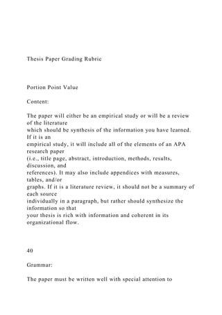 Thesis Paper Grading Rubric
Portion Point Value
Content:
The paper will either be an empirical study or will be a review
of the literature
which should be synthesis of the information you have learned.
If it is an
empirical study, it will include all of the elements of an APA
research paper
(i.e., title page, abstract, introduction, methods, results,
discussion, and
references). It may also include appendices with measures,
tables, and/or
graphs. If it is a literature review, it should not be a summary of
each source
individually in a paragraph, but rather should synthesize the
information so that
your thesis is rich with information and coherent in its
organizational flow.
40
Grammar:
The paper must be written well with special attention to
 