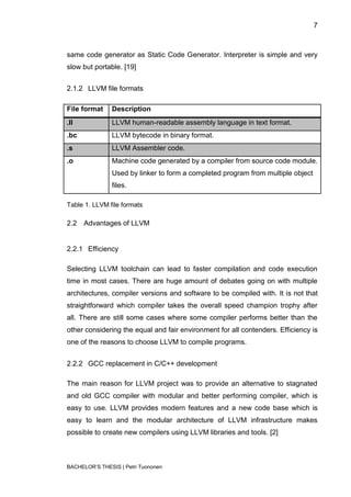 7



same code generator as Static Code Generator. Interpreter is simple and very
slow but portable. [19]


2.1.2 LLVM file formats

File format     Description
.ll             LLVM human-readable assembly language in text format.
.bc             LLVM bytecode in binary format.
.s              LLVM Assembler code.
.o              Machine code generated by a compiler from source code module.
                Used by linker to form a completed program from multiple object
                files.

Table 1. LLVM file formats

2.2   Advantages of LLVM


2.2.1 Efficiency

Selecting LLVM toolchain can lead to faster compilation and code execution
time in most cases. There are huge amount of debates going on with multiple
architectures, compiler versions and software to be compiled with. It is not that
straightforward which compiler takes the overall speed champion trophy after
all. There are still some cases where some compiler performs better than the
other considering the equal and fair environment for all contenders. Efficiency is
one of the reasons to choose LLVM to compile programs.


2.2.2 GCC replacement in C/C++ development

The main reason for LLVM project was to provide an alternative to stagnated
and old GCC compiler with modular and better performing compiler, which is
easy to use. LLVM provides modern features and a new code base which is
easy to learn and the modular architecture of LLVM infrastructure makes
possible to create new compilers using LLVM libraries and tools. [2]



BACHELOR‟S THESIS | Petri Tuononen
 