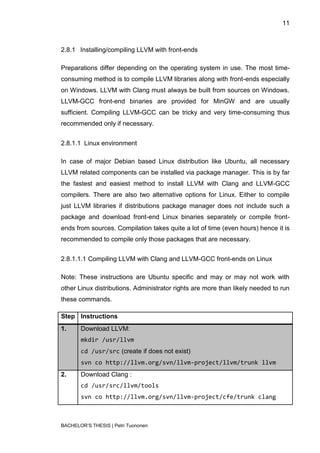 11



2.8.1 Installing/compiling LLVM with front-ends

Preparations differ depending on the operating system in use. The most time-
consuming method is to compile LLVM libraries along with front-ends especially
on Windows. LLVM with Clang must always be built from sources on Windows.
LLVM-GCC front-end binaries are provided for MinGW and are usually
sufficient. Compiling LLVM-GCC can be tricky and very time-consuming thus
recommended only if necessary.


2.8.1.1 Linux environment

In case of major Debian based Linux distribution like Ubuntu, all necessary
LLVM related components can be installed via package manager. This is by far
the fastest and easiest method to install LLVM with Clang and LLVM-GCC
compilers. There are also two alternative options for Linux. Either to compile
just LLVM libraries if distributions package manager does not include such a
package and download front-end Linux binaries separately or compile front-
ends from sources. Compilation takes quite a lot of time (even hours) hence it is
recommended to compile only those packages that are necessary.


2.8.1.1.1 Compiling LLVM with Clang and LLVM-GCC front-ends on Linux

Note: These instructions are Ubuntu specific and may or may not work with
other Linux distributions. Administrator rights are more than likely needed to run
these commands.

Step Instructions
1.     Download LLVM:
       mkdir /usr/llvm
       cd /usr/src (create if does not exist)
       svn co http://llvm.org/svn/llvm-project/llvm/trunk llvm
2.     Download Clang :
       cd /usr/src/llvm/tools
       svn co http://llvm.org/svn/llvm-project/cfe/trunk clang



BACHELOR‟S THESIS | Petri Tuononen
 