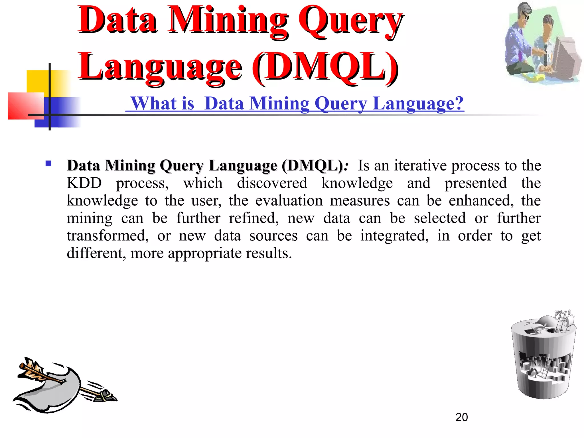 20
What is Data Mining Query Language?
 Data Mining Query Language (DMQL)Data Mining Query Language (DMQL): Is an iterative process to the
KDD process, which discovered knowledge and presented the
knowledge to the user, the evaluation measures can be enhanced, the
mining can be further refined, new data can be selected or further
transformed, or new data sources can be integrated, in order to get
different, more appropriate results.
Data Mining QueryData Mining Query
Language (DMQL)Language (DMQL)
 