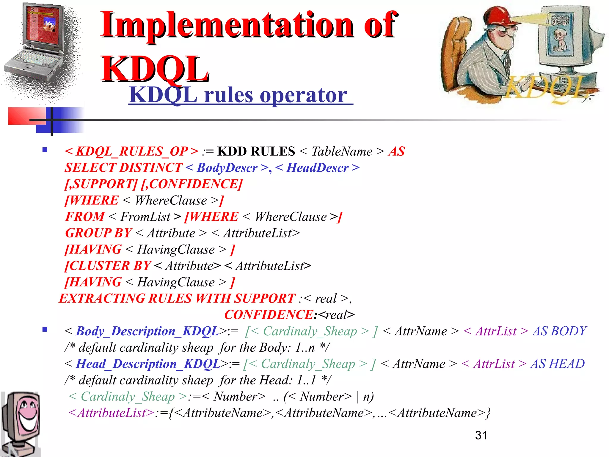 31
Implementation ofImplementation of
KDQLKDQL
 < KDQL_RULES_OP > := KDD RULES < TableName > AS
SELECT DISTINCT < BodyDescr >, < HeadDescr >
[,SUPPORT] [,CONFIDENCE]
[WHERE < WhereClause >]
FROM < FromList > [WHERE < WhereClause >]
GROUP BY < Attribute > < AttributeList>
[HAVING < HavingClause > ]
[CLUSTER BY < Attribute> < AttributeList>
[HAVING < HavingClause > ]
EXTRACTING RULES WITH SUPPORT :< real >,
CONFIDENCE:<real>
 < Body_Description_KDQL>:= [< Cardinaly_Sheap > ] < AttrName > < AttrList > AS BODY
/* default cardinality sheap for the Body: 1..n */
< Head_Description_KDQL>:= [< Cardinaly_Sheap > ] < AttrName > < AttrList > AS HEAD
/* default cardinality shaep for the Head: 1..1 */
< Cardinaly_Sheap >:=< Number> .. (< Number> | n)
<AttributeList>:={<AttributeName>,<AttributeName>,…<AttributeName>}
KDQL rules operator
 