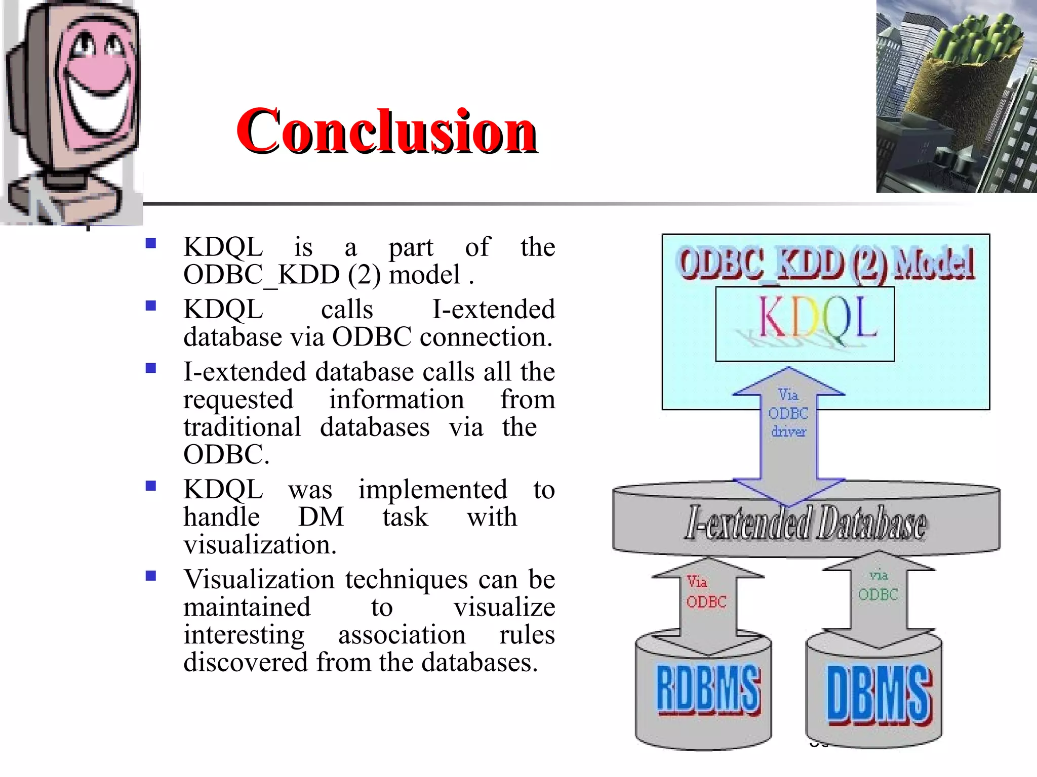 33
ConclusionConclusion
 KDQL is a part of the
ODBC_KDD (2) model .
 KDQL calls I-extended
database via ODBC connection.
 I-extended database calls all the
requested information from
traditional databases via the
ODBC.
 KDQL was implemented to
handle DM task with
visualization.
 Visualization techniques can be
maintained to visualize
interesting association rules
discovered from the databases.
 