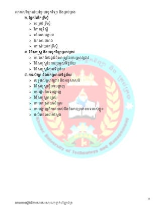 សាកលវ ិទ្យាល័យខ្មែរបច្ចេកវ ិទ្យា និងគ្រប់គ្រង
       ២. ដផនក្សរ ំលឹក្សត្ទឹស្ី ត
             ស្ត្មង់ ត្ទឹ ស្ី ត
             វ ិភាគត្ទឹស្ី ត
             ស្ំដណរអតថបទ
             ឯក្សសារដយាង
             ការស្ំដយាគត្ទឹ ស្ី ត
       ៣. វ ិធីសាស្តស្ត និងបដចចក្សវ ិទាស្សាវត្ជាវ
             ការតាក្ស់ដតងនូវវ ិធី សាស្តស្តននការស្សាវត្ជាវ
             វ ីធី សាស្តស្តននការត្បមូ លទិ ននន័យ
             វ ិធី សាស្តស្តវ ិភាគទិ នន័យ
                                      ន
       ៤. ការស្ិក្សា និងបក្សស្សាយទិនន័យ
                                    ន
             លទធផលស្សាវត្ជាវ និងអនុ សាស្ន៍
             វ ិធី សាស្តស្តដធវើបទបងាញ
                                    ា
             ការដរៀបចំ បទបងាញ
                            ា
             វ ិធី សាស្តស្តពនយល់
             ការបក្សស្សាយស្ំណរ
                              ួ
             ការបងាញពីភាពយល់ដឹងចំ ដពាះត្បធានបទរបស្់ខួលន
                   ា
             ផលិតផលជាក្ស់ ដស្តង




                                                             8
ច្ោលការស្តីអំពីការស្រច្ស្រសារណាថ្នក់បរ ិញ្ញប័គ្រ
                                 ា        ា
 