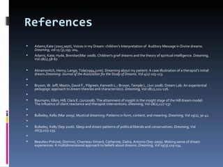 References
   Adams,Kate (2005,sept), Voices in my Dream: children’s Interpretation of Auditory Message in Divine dreams.
    Dreaming, vol 15 (3),195-204.
   Adams, Kate; Hyde, Brendan(Mar 2008). Children's grief dreams and the theory of spiritual intelligence. Dreaming,
    Vol 18(1),58-67.


   Abramovitch, Henry; Lange, Tsila(1994,june). Dreaming about my patient: A case illustration of a therapist's initial
    dream.Dreaming: Journal of the Association for the Study of Dreams. Vol 4(2) 105-113.

   Bryson, W. Jeff; Mastin, David F.; Pilgreen, Kenneth L.; Bryson, Temple L. (Jun 2008). Dream Lab: An experiential
    pedagogic approach to dream theories and characteristics. Dreaming, Vol 18(2),122-126.

   Baumann, Ellen; Hill, Clara E. (Jun2008). The attainment of insight in the insight stage of the Hill dream model:
    The influence of client reactance and therapist interventions. Dreaming, Vol 18(2),127-137.

   Bulkeley, Kelly (Mar 2009). Mystical dreaming: Patterns in form, content, and meaning. Dreaming, Vol 19(1), 30-41.

   Bulkeley, Kelly (Sep 2006). Sleep and dream patterns of political liberals and conservatives. Dreaming, Vol
    16(3),223-235.

   Beaulieu-Prévost, Dominic; Charneau Simard, Catherine; Zadra, Antonio (Sep 2009). Making sense of dream
    experiences: A multidimensional approach to beliefs about dreams. Dreaming, Vol 19(3),119-134.
 