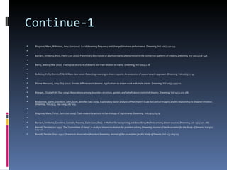 Continue-1
   Blagrove, Mark; Wilkinson, Amy (Jun 2010). Lucid dreaming frequency and change blindness performance. Dreaming, Vol 20(2),130-135.

   Barcaro, Umberto; Rizzi, Pietro (Jun 2010). Preliminary description of a self-similarity phenomenon in the connection patterns of dreams. Dreaming, Vol 20(2),136-148.

   Barris, Jeremy (Mar 2010). The logical structure of dreams and their relation to reality. Dreaming, Vol 20(1),1-18

   Bulkeley, Kelly; Domhoff, G. William (Jun 2010). Detecting meaning in dream reports: An extension of a word search approach. Dreaming, Vol 20(2),77-95.

   Blume-Marcovici, Amy (Sep 2010). Gender differences in dreams: Applications to dream work with male clients. Dreaming, Vol 20(3),199-210.

   Boerger, Elizabeth A. (Sep 2009). Associations among boundary structure, gender, and beliefs about control of dreams. Dreaming, Vol 19(3),172-186.

   Bilsborrow, Glenn; Davidson, John; Scott, Jennifer (Sep 2009). Exploratory factor analysis of Hartmann’s Scale for Central Imagery and its relationship to dreamer emotion.
    Dreaming, Vol 19(3), Sep 2009, 187-205.

   Blagrove, Mark; Fisher, Sam (Jun 2009). Trait–state interactions in the etiology of nightmares. Dreaming, Vol 19(2),65-74.

   Barcaro, Umberto; Cavallero, Corrado; Navona, Carlo (2005 Dec). A Method for recognizing and describing the links among dream sources. Dreaming, vol. 15(4) 271-287.
   Barrett, Deirdre(Jun 1993). The "committee of sleep": A study of dream incubation for problem solving.Dreaming: Journal of the Association for the Study of Dreams. Vol 3(2)
    115-122.
   Barrett, Deirdre (Sept.1994). Dreams in dissociative disorders.Dreaming: Journal of the Association for the Study of Dreams. Vol 4(3) 165-175.
 