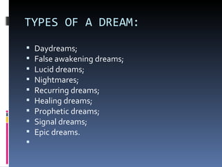 TYPES OF A DREAM:
   Daydreams;
   False awakening dreams;
   Lucid dreams;
   Nightmares;
   Recurring dreams;
   Healing dreams;
   Prophetic dreams;
   Signal dreams;
   Epic dreams.

 