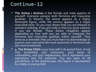 Continue-12
 The Anima / Animus is the female and male aspects of
  yourself. Everyone possess both feminine and masculine
  qualities. In dreams, the anima appears as a highly
  feminized figure, while the animus appears as a hyper
  masculine form. Or you may dream that you are dressed in
  women's clothing, if you are male or that you grow a beard,
  if you are female. These dream imageries appear
  depending on how well you are able to integrate the
  feminine and masculine qualities within yourself. They
  serve as a reminder that you must learn to acknowledge or
  express your masculine (be more assertive) or feminine side
  (be more emotional).
 4. The Divine Child is your true self in its purest form. It not
  only symbolizes your innocence, your sense of
  vulnerability, and your helplessness, but it represents your
  aspirations and full potential. You are open to all
  possibilities. In the dreamscape, this figure is represented
  by a baby or young child.
 