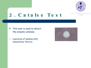2. Catalse Test This test is used to detect the enzyme catalase.  Liberation of bubbles (O2) immediately: Positive 