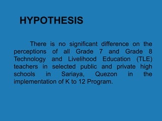 HYPOTHESIS
There is no significant difference on the
perceptions of all Grade 7 and Grade 8
Technology and Livelihood Education (TLE)
teachers in selected public and private high
schools in Sariaya, Quezon in the
implementation of K to 12 Program.
 