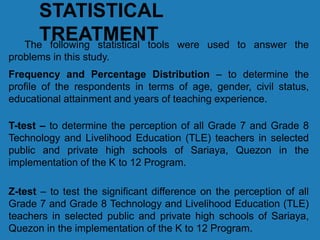 STATISTICAL
TREATMENTThe following statistical tools were used to answer the
problems in this study.
Frequency and Percentage Distribution – to determine the
profile of the respondents in terms of age, gender, civil status,
educational attainment and years of teaching experience.
T-test – to determine the perception of all Grade 7 and Grade 8
Technology and Livelihood Education (TLE) teachers in selected
public and private high schools of Sariaya, Quezon in the
implementation of the K to 12 Program.
Z-test – to test the significant difference on the perception of all
Grade 7 and Grade 8 Technology and Livelihood Education (TLE)
teachers in selected public and private high schools of Sariaya,
Quezon in the implementation of the K to 12 Program.
 