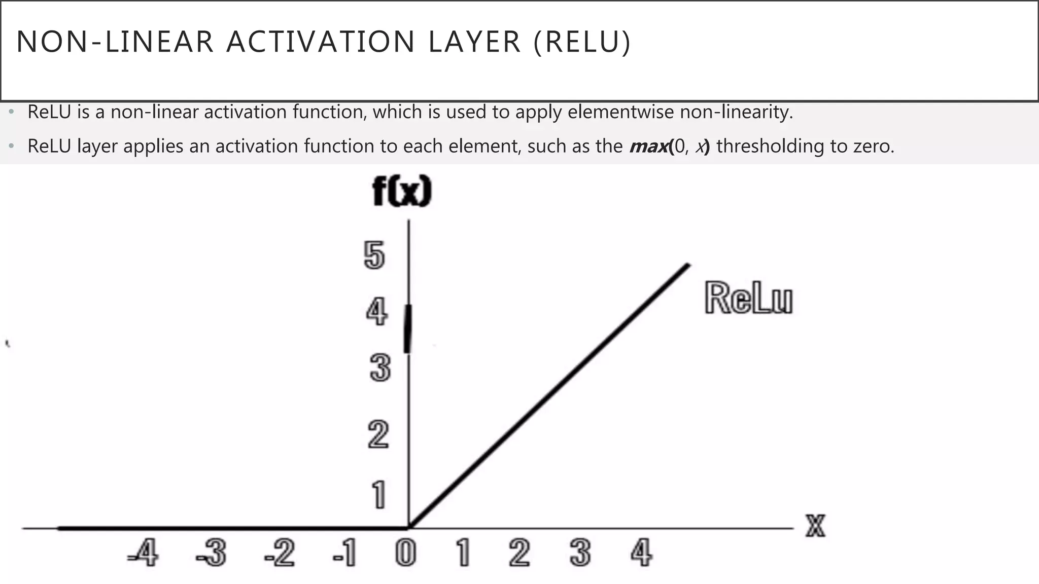 NON-LINEAR ACTIVATION LAYER (RELU)
• ReLU is a non-linear activation function, which is used to apply elementwise non-linearity.
• ReLU layer applies an activation function to each element, such as the max(0, x) thresholding to zero.
 