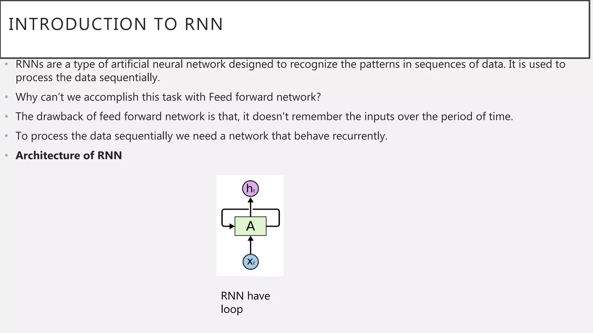 INTRODUCTION TO RNN
• RNNs are a type of artificial neural network designed to recognize the patterns in sequences of data. It is used to
process the data sequentially.
• Why can’t we accomplish this task with Feed forward network?
• The drawback of feed forward network is that, it doesn't remember the inputs over the period of time.
• To process the data sequentially we need a network that behave recurrently.
• Architecture of RNN
RNN have
loop
 