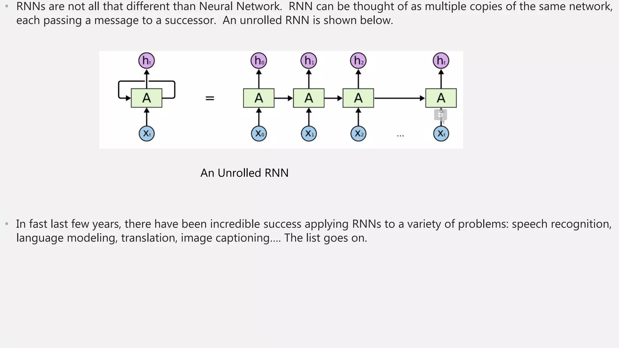 • RNNs are not all that different than Neural Network. RNN can be thought of as multiple copies of the same network,
each passing a message to a successor. An unrolled RNN is shown below.
• In fast last few years, there have been incredible success applying RNNs to a variety of problems: speech recognition,
language modeling, translation, image captioning…. The list goes on.
An Unrolled RNN
 