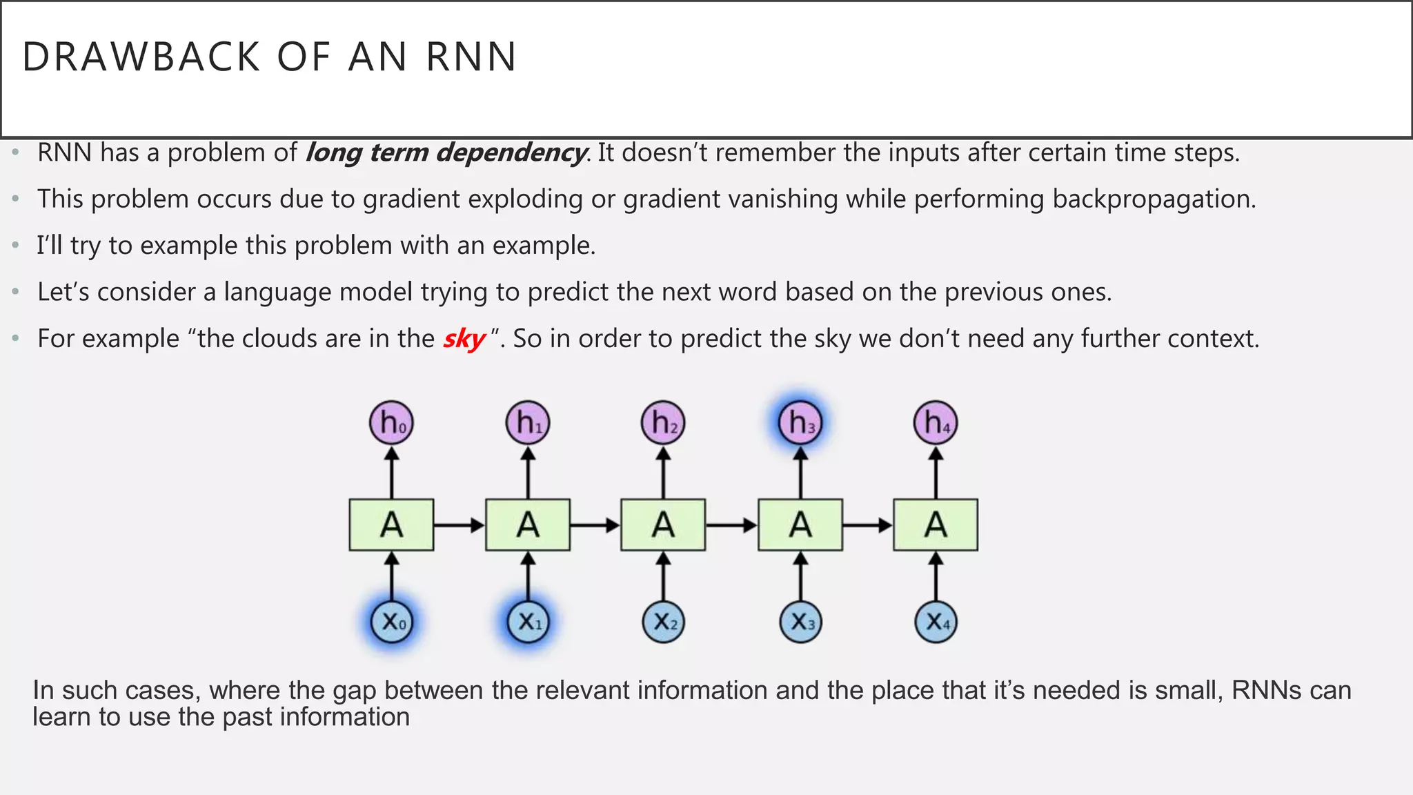 DRAWBACK OF AN RNN
• RNN has a problem of long term dependency. It doesn’t remember the inputs after certain time steps.
• This problem occurs due to gradient exploding or gradient vanishing while performing backpropagation.
• I’ll try to example this problem with an example.
• Let’s consider a language model trying to predict the next word based on the previous ones.
• For example “the clouds are in the sky ”. So in order to predict the sky we don’t need any further context.
In such cases, where the gap between the relevant information and the place that it’s needed is small, RNNs can
learn to use the past information
 