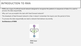 INTRODUCTION TO RNN
• RNNs are a type of artificial neural network designed to recognize the patterns in sequences of data. It is used to
process the data sequentially.
• Why can’t we accomplish this task with Feed forward network?
• The drawback of feed forward network is that, it doesn't remember the inputs over the period of time.
• To process the data sequentially we need a network that behave recurrently.
• Architecture of RNN
RNN have
loop
 