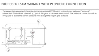 PROPOSED LSTM VARIANT WITH PEEPHOLE CONNECTION
• The easiest but very powerful solution to the conventional LSTM unit is to introduce a weighted “peephole”
connections from the cell state unit (Ct-1) to all the gates in the same memory unit. The peephole connections allow
every gate to assess the current cell state even though the output gate is closed.
 