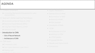 AGENDA
• Problem Statement
 Converting Mathematical Equations into Latex
representation.
• Approach (Deep Learning Techniques)
 Convolutional Neural Network (CNN)
 Recurrent Neural Network (RNN)
 Long Term-Short Memory (LTSM)
 Attention Model
• Introduction to CNN
 Gist of Neural Network
 Architecture of CNN
• CNN layers
 Convolution Layer
 Non-Linear Activation Layer (ReLu)
 Pooling Layer
• Hyper-Parameters.
• Introduction to RNN
 Architecture of RNN
 Working of RNN
 RNN Example
• Drawback of RNN
• LSTM
 Architecture of LSTM
 Working of LSTM
 LSTM Example
• Proposed Model
• Results and Future work
• Conclusion
 