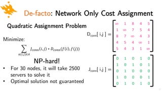 De-facto: Network Only Cost Assignment
Dconn[ i,j ] =
0 1 0 1 0
1 0 1 0 1
0 1 0 0 0
1 0 0 0 1
0 1 0 1 0
Jconn[ i,j ] =
Quadratic Assignment Problem
Minimize:
NP-hard!
• For 30 nodes, it will take 2500
servers to solve it
• Optimal solution not guaranteed
$
%(',))∈,
𝐽./00 𝑖, 𝑗 ∗ 𝐷./00(𝑓 𝑖 , 𝑓(𝑗))
∞ 1 8 4 5
1 ∞ 7 5 4
8 7 ∞ 4 3
4 5 4 ∞ 1
5 4 3 1 ∞
17
 