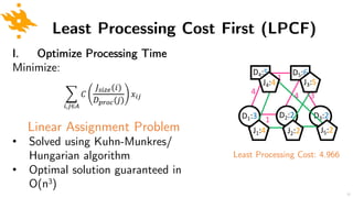 I. Optimize Processing Time
Minimize:
Linear Assignment Problem
• Solved using Kuhn-Munkres/
Hungarian algorithm
• Optimal...