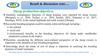 Result & discussion cont.…
Breeding objective, Breeding practices, Linear body measurement, Production system, Simien sheep
38
 Similarly, multipurpose functions of sheep keeping were reported for sheep owners
(Mengistie et al., 2010, Tesfaye et al., 2010, Surafel, 2012, Yohannes et al., 2017,
Desalegn, 2019). in the central highlands and north western Ethiopia.
Successful breeding program could be mainly achieved through including:-
 the cultural
 social and
 environmental benefits in the breeding objectives for sheep under smallholder
production systems in the tropics.
Therefore, considering the different socio-cultural perspective of the sheep owners is
important in the adoption of any breeding programme.
 Knowledge about the mode of exit of sheep is important in assessing the breeding
practices of small ruminants.
Sheep production objectives
 