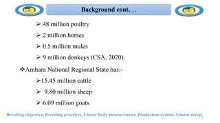 Background cont.…
 48 million poultry
 2 million horses
 0.5 million mules
 9 million donkeys (CSA, 2020).
Amhara National Regional State has:-
15.45 million cattle
 9.80 million sheep
 6.09 million goats
Breeding objective, Breeding practices, Linear body measurement, Production system, Simien sheep.4
 