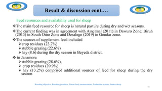 Result & discussion cont.…
The main feed resource for sheep is natural pasture during dry and wet seasons.
The current finding was in agreement with Amelmal (2011) in Dawuro Zone; Biruh
(2013) in South Omo Zone and Desalegn (2019) in Gondar zone.
The sources of supplement feed included
crop residues (23.7%)
stubble grazing (22.6%)
hay (8.6) during the dry season in Beyeda district.
 in Janamora
stubble grazing (28.6%),
 crop residues (20.9%)
 hay (13.2%) comprised additional sources of feed for sheep during the dry
season
Breeding objective, Breeding practices, Linear body measurement, Production system, Simien sheep
45
Feed resources and availability used for sheep
 