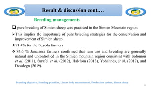 Result & discussion cont.…
 pure breeding of Simien sheep was practiced in the Simien Mountain region.
This implies the importance of pure breeding strategies for the conservation and
improvement of Simien sheep.
91.4% for the Beyeda farmers
 84.6 % Janamora farmers confirmed that ram use and breeding are generally
natural and uncontrolled in the Simien mountain region consistent with Solomon
et al. (2011), Surafel et al. (2012), Halefom (2013), Yohannes, et al. (2017), and
Desalegn (2019).
Breeding objective, Breeding practices, Linear body measurement, Production system, Simien sheep
50
Breeding managements
 
