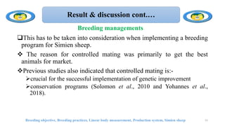 Result & discussion cont.…
This has to be taken into consideration when implementing a breeding
program for Simien sheep.
 The reason for controlled mating was primarily to get the best
animals for market.
Previous studies also indicated that controlled mating is:-
crucial for the successful implementation of genetic improvement
conservation programs (Solomon et al., 2010 and Yohannes et al.,
2018).
Breeding objective, Breeding practices, Linear body measurement, Production system, Simien sheep 52
Breeding managements
 