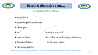 Result & discussion cont.…
Fascioliasis
peste des petits ruminants
 shoat pox
 orf the major reported
pasteurellosis sheep diseases affecting productivity
dermatophilosis in the study areas.
 dermatophytosis
Breeding objective, Breeding practices, Linear body measurement, Production system, Simien sheep
62
Rank indexes of Sheep Disease
 