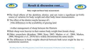 Result & discussion cont.…
The fixed effects of the dentition, district, and sex were a significant (p<0.05)
source of variation for body weight and other body linear measurements.
 The effect of the district maybe because of:-
the differences in the availability of grazing land
other management of sheep between the Districts
Male sheep were heavier in their mature body weight than female sheep.
 Other researchers (Kasahun, 2000; Sisay 2002; Markos et al., 2004; Markos,
2006; Mengistie et al., 2010) have widely documented the same results
 The differences in body weights observed between both sexes might be due to:-
testosterone secretion.
Breeding objective, Breeding practices, Linear body measurement, Production system, Simien sheep
67
Body weight and linear body measurements
 